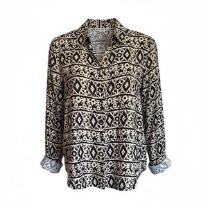 Vintage Joan Leslie Petite Blouse 14P Black Tan Geometric Print Button Front